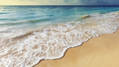 Imagem do mar e uma espuma branco na faixa de areia.