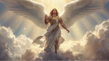 Imagem de um lindo arcanjo e suas asas brancas. Ele usa um colete e uma calça dourada.