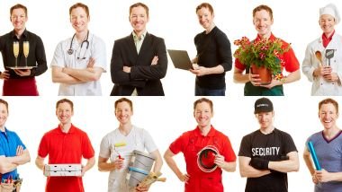 Imagem de um homem e suas variadas profissões.