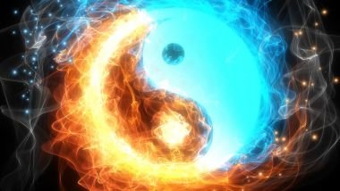 Imagem de Yin e Yang nas cores amarelo fogo e azul céu.