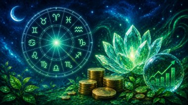 Ilustração cósmica em tons de verde e azul com roda astrológica luminosa, moedas douradas, flor cristalina e esfera de prosperidade.