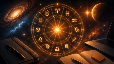 Ilustração cósmica com roda astrológica dourada, planetas e objetos de trabalho como caderno, caneta e notebook em cenário espacial.