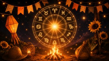 Ilustração astrológica inspirada em festa junina com roda zodiacal dourada, bandeirinhas, fogueira e lanternas em tons quentes de laranja e amarelo.