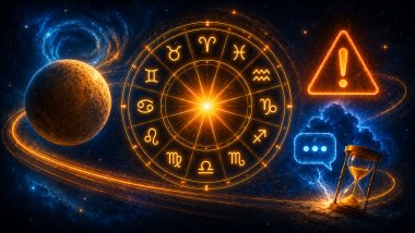 Ilustração cósmica em azul e laranja com roda astrológica brilhante, planeta, símbolo de alerta e ampulheta em cenário espacial futurista.