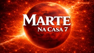 Ilustração do planeta Marte em tons avermelhados e alaranjados, com superfície rochosa, sobre um fundo espacial intenso e luminoso. Texto central em destaque: “MARTE” e, abaixo, “NA CASA 7”, em fonte branca e grande.