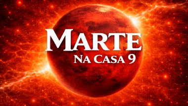 Ilustração do planeta Marte em tons avermelhados e alaranjados, com superfície rochosa, sobre um fundo espacial intenso e luminoso. Texto central em destaque: “MARTE” e, abaixo, “NA CASA 9”, em fonte branca e grande.