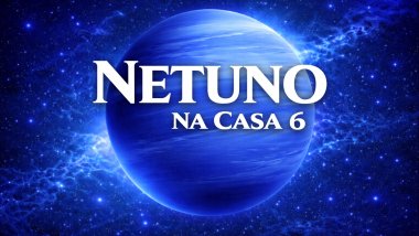 Ilustração do planeta Netuno em tons azul-intensos, com aparência gasosa, sobre um fundo espacial estrelado. Texto central em destaque: “NETUNO” e, abaixo, “NA CASA 6”, em fonte branca e grande.