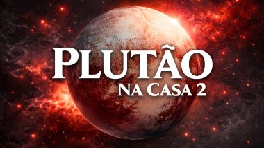 Ilustração do planeta Plutão em tons avermelhados, com textura rochosa, sobre um fundo espacial intenso e luminoso. Texto central em destaque: “PLUTÃO” e, abaixo, “NA CASA 2”, em fonte branca e grande.