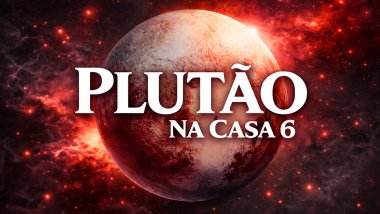 Ilustração do planeta Plutão em tons avermelhados, com textura rochosa, sobre um fundo espacial intenso e luminoso. Texto central em destaque: “PLUTÃO” e, abaixo, “NA CASA 6”, em fonte branca e grande.