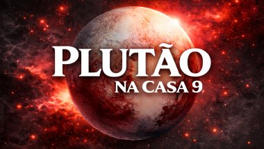 Ilustração do planeta Plutão em tons avermelhados, com textura rochosa, sobre um fundo espacial intenso e luminoso. Texto central em destaque: “PLUTÃO” e, abaixo, “NA CASA 9”, em fonte branca e grande.