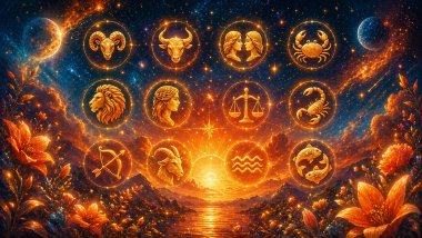 Cenário cósmico em tons de laranja com símbolos dos signos em medalhões luminosos, espalhados pelo céu entre estrelas, flores e um pôr do sol brilhante.