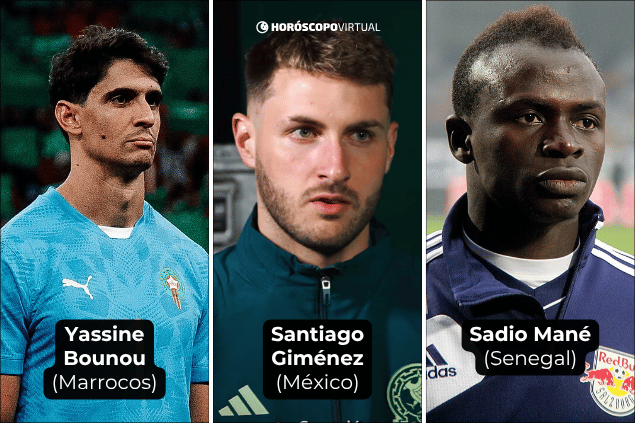 Montagem com os jogadores: (1) Yassine Bounou, (2) Santiago Giménez e (3) Sadio Mané.