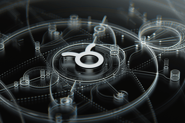 Símbolo de Touro em destaque sobre fundo com elementos tecnológicos e circulares.