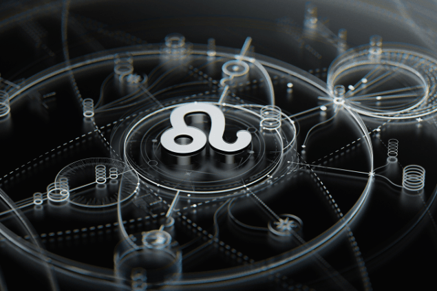 Símbolo de Leão em destaque sobre fundo com elementos tecnológicos e circulares.