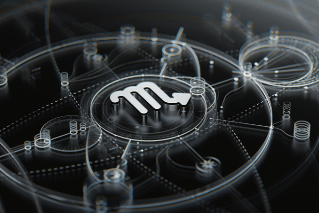 Símbolo de Escorpião em destaque sobre fundo com elementos tecnológicos e circulares.