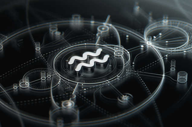 Símbolo de Aquário em destaque sobre fundo com elementos tecnológicos e circulares.