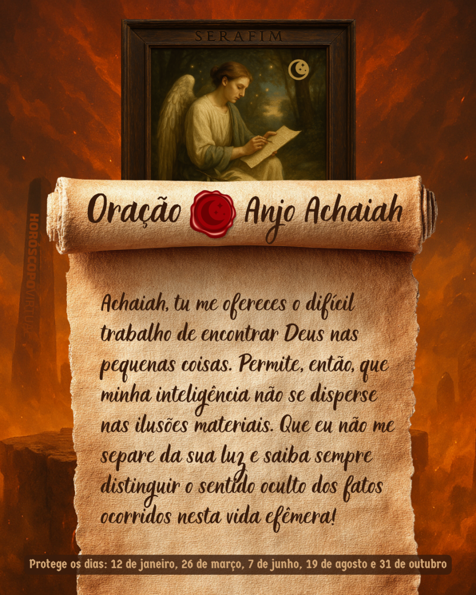 HORÓSCOPO ViRTUaL / Canva Imagem vertical, com fundo em tons de laranja e marrom. Na parte superior, há um quadro representando um anjo. Um pergaminho antigo ocupa a maior parte da imagem e apresenta o título “Oração Anjo Achaiah” e a oração: