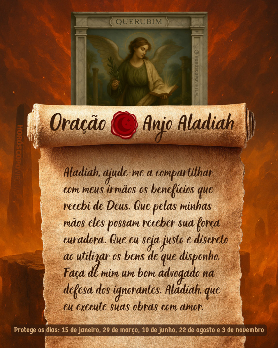 Imagem vertical, com fundo em tons de laranja e marrom. Na parte superior, há um quadro representando um anjo. Um pergaminho antigo ocupa a maior parte da imagem e apresenta o título “Oração Anjo Aladiah” e a oração: 