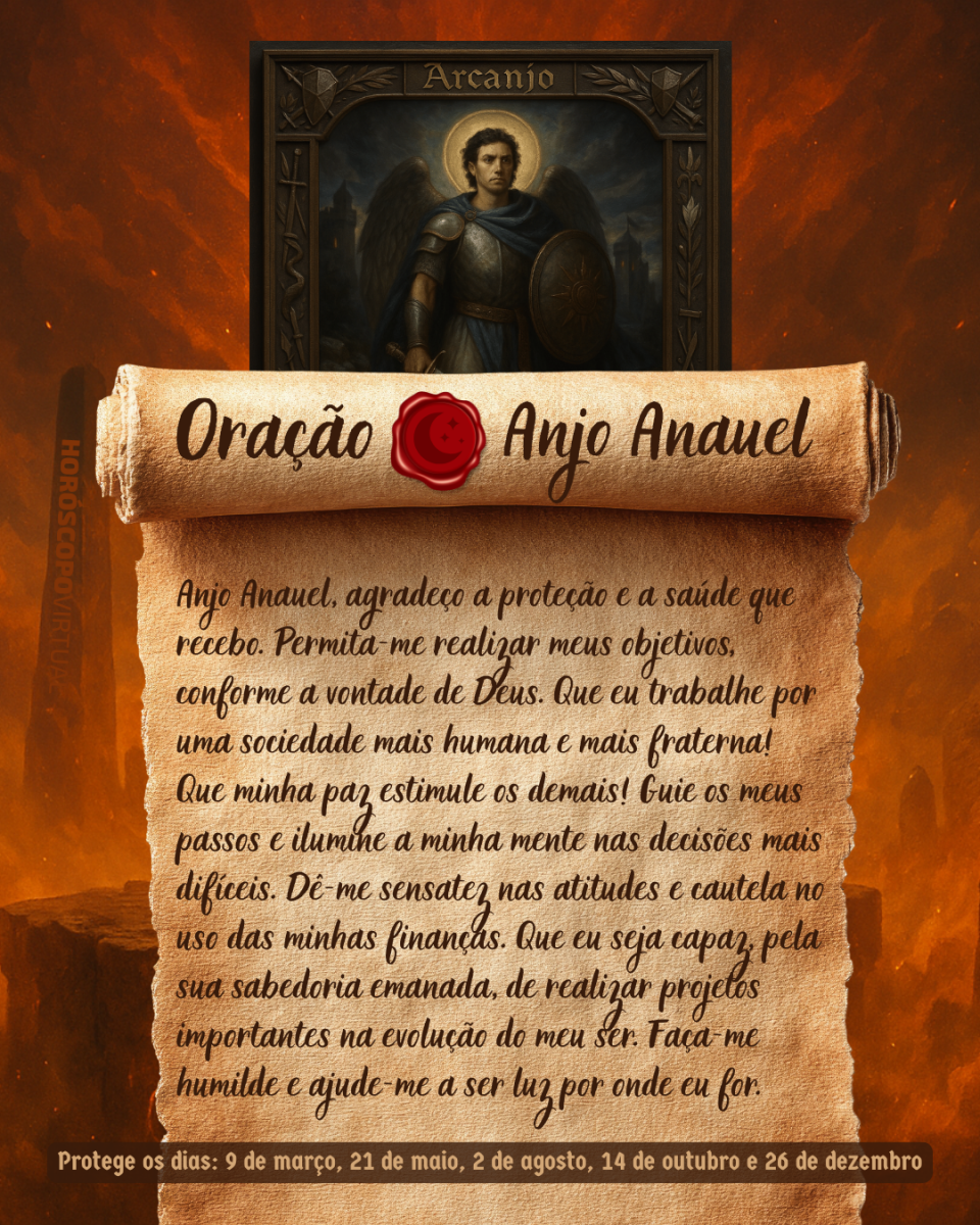 Imagem vertical, com fundo em tons de laranja e marrom. Na parte superior, há um quadro representando um anjo. Um pergaminho antigo ocupa a maior parte da imagem e apresenta o título “Oração Anjo Anauel” e a oração: 