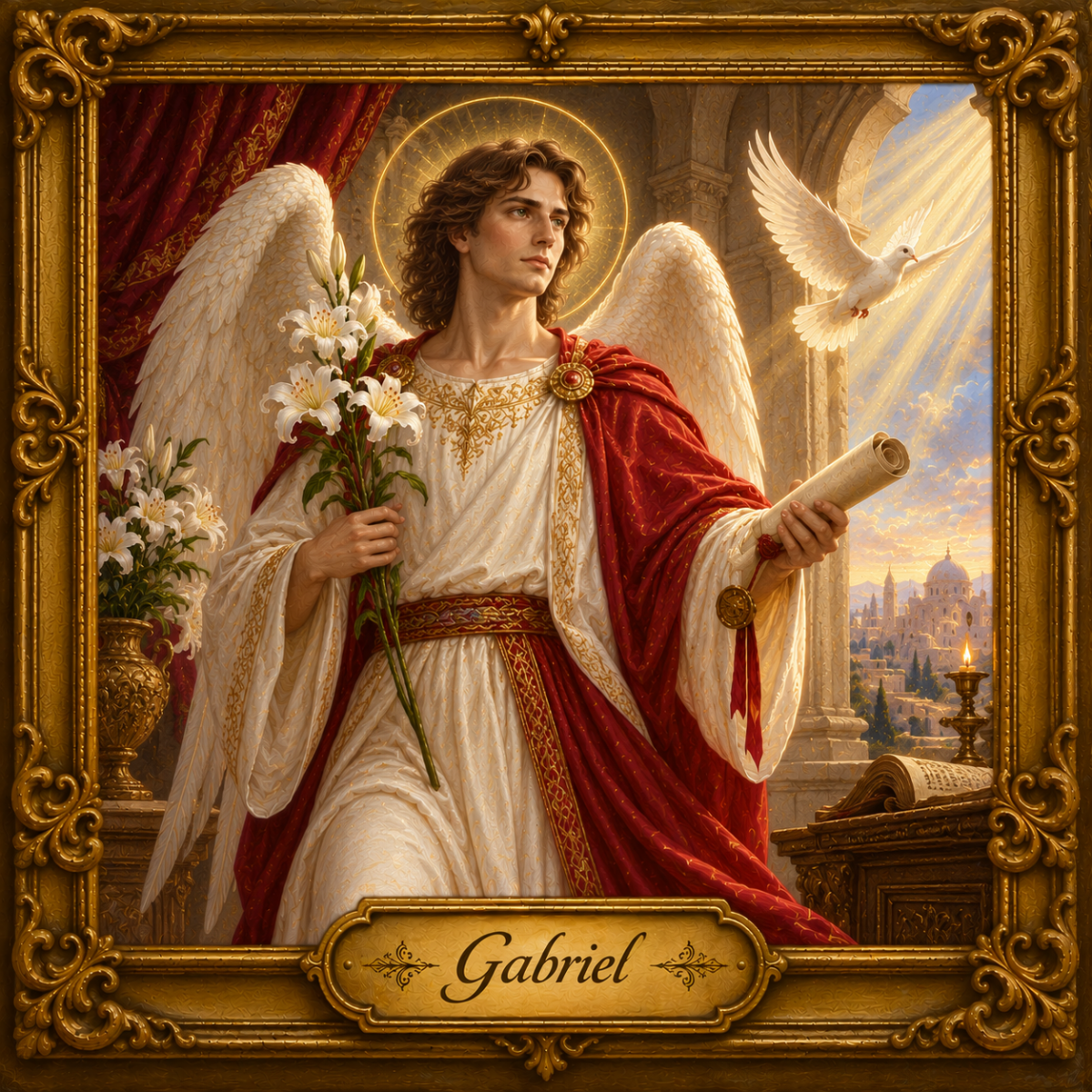 Arcanjo Gabriel com manto vermelho, túnica branca, asas brancas e cabelos castanhos, segurando lírios e um pergaminho em um cenário celestial com moldura dourada barroca.