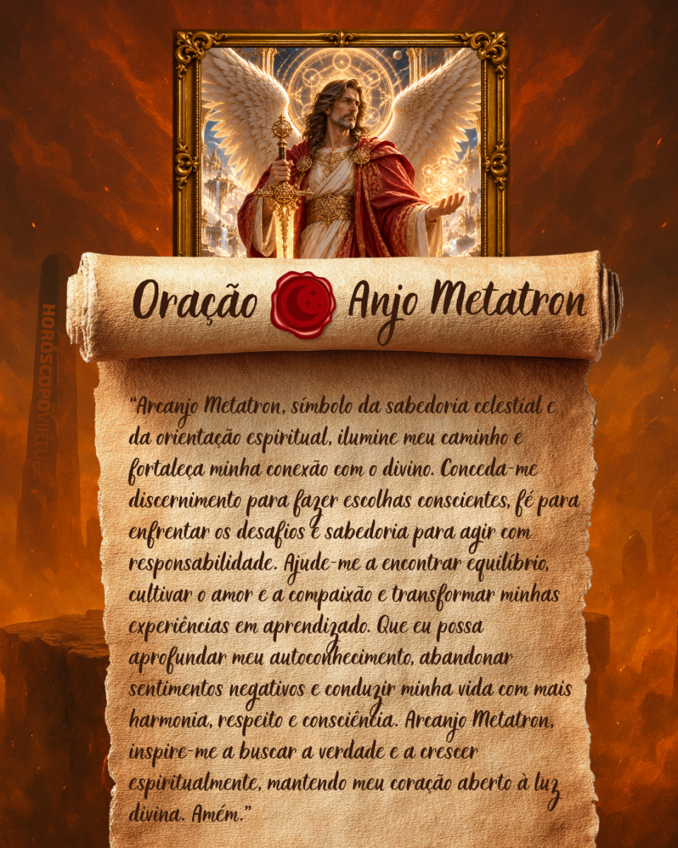 HORÓSCOPO ViRTUaL / Canva Imagem vertical, com fundo em tons de laranja e marrom. Na parte superior, há um quadro representando um anjo. Um pergaminho antigo ocupa a maior parte da imagem e apresenta o título “Oração Anjo Metatron” e a oração: “Arcanjo Metatron, símbolo da sabedoria celestial e da orientação espiritual, ilumine meu caminho e fortaleça minha conexão com o divino. Conceda-me discernimento para fazer escolhas conscientes, fé para enfrentar os desafios e sabedoria para agir com responsabilidade. Ajude-me a encontrar equilíbrio, cultivar o amor e a compaixão e transformar minhas experiências em aprendizado. Que eu possa aprofundar meu autoconhecimento, abandonar sentimentos negativos e conduzir minha vida com mais harmonia, respeito e consciência. Arcanjo Metatron, inspire-me a buscar a verdade e a crescer espiritualmente, mantendo meu coração aberto à luz divina. Amém.”