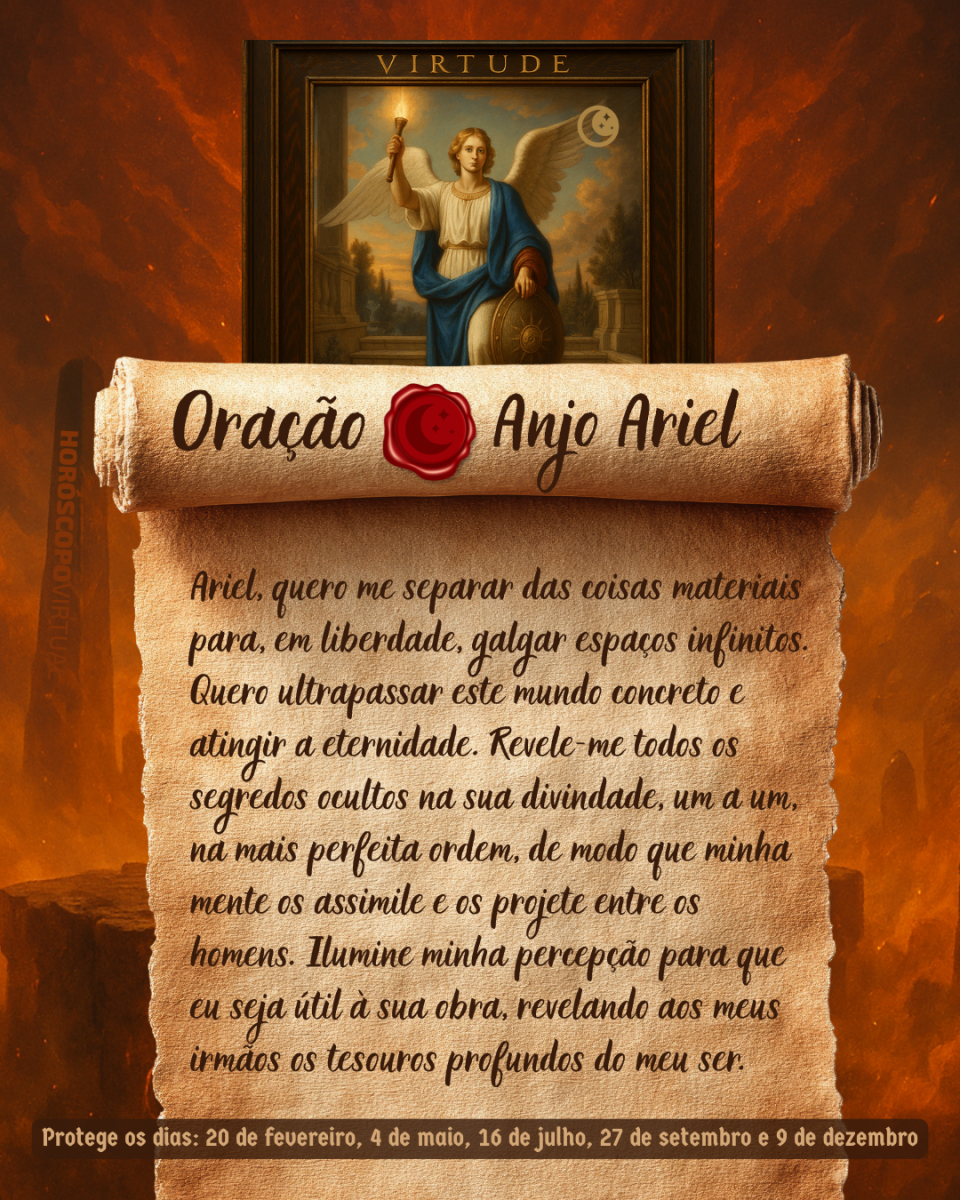 Imagem vertical, com fundo em tons de laranja e marrom. Na parte superior, há um quadro representando um anjo. Um pergaminho antigo ocupa a maior parte da imagem e apresenta o título “Oração Anjo Ariel” e a oração: 