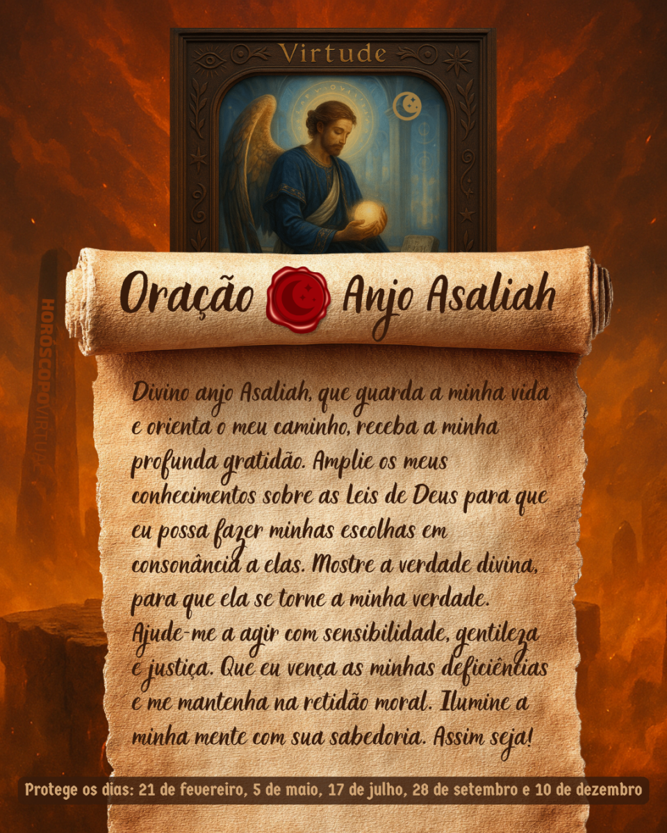 Imagem vertical, com fundo em tons de laranja e marrom. Na parte superior, há um quadro representando um anjo. Um pergaminho antigo ocupa a maior parte da imagem e apresenta o título “Oração Anjo Asaliah” e a oração: 