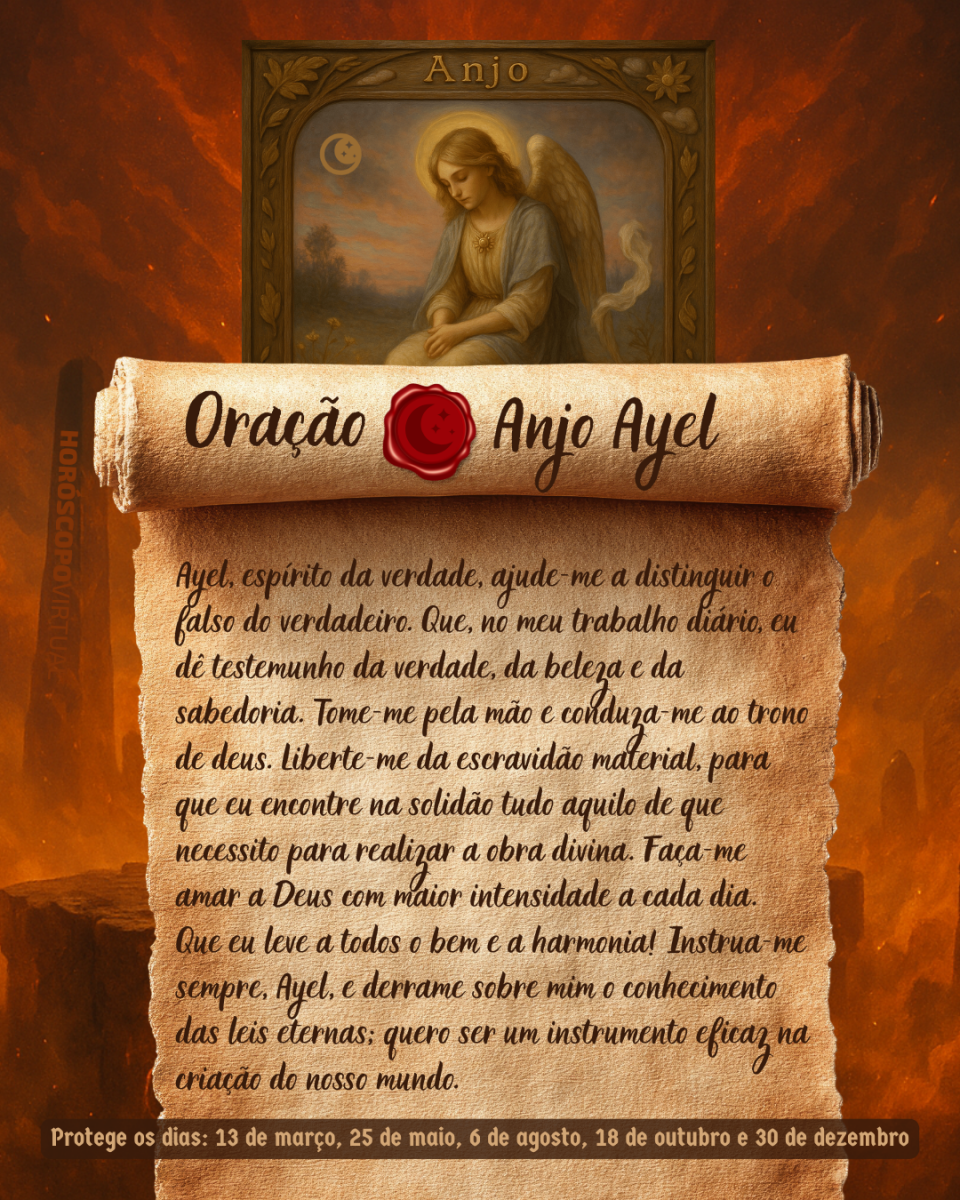 Imagem vertical, com fundo em tons de laranja e marrom. Na parte superior, há um quadro representando um anjo. Um pergaminho antigo ocupa a maior parte da imagem e apresenta o título “Oração Anjo Ayel” e a oração: 