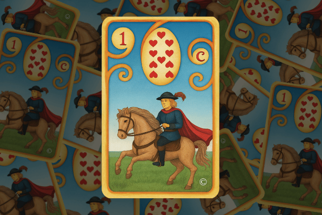 HORÓSCOPO ViRTUaL / Canva Montagem com a carta O Cavaleiro do Baralho Cigano na posição normal em destaque. Ao fundo, há várias cartas de O Cavaleiro espalhadas umas em cima das outras.