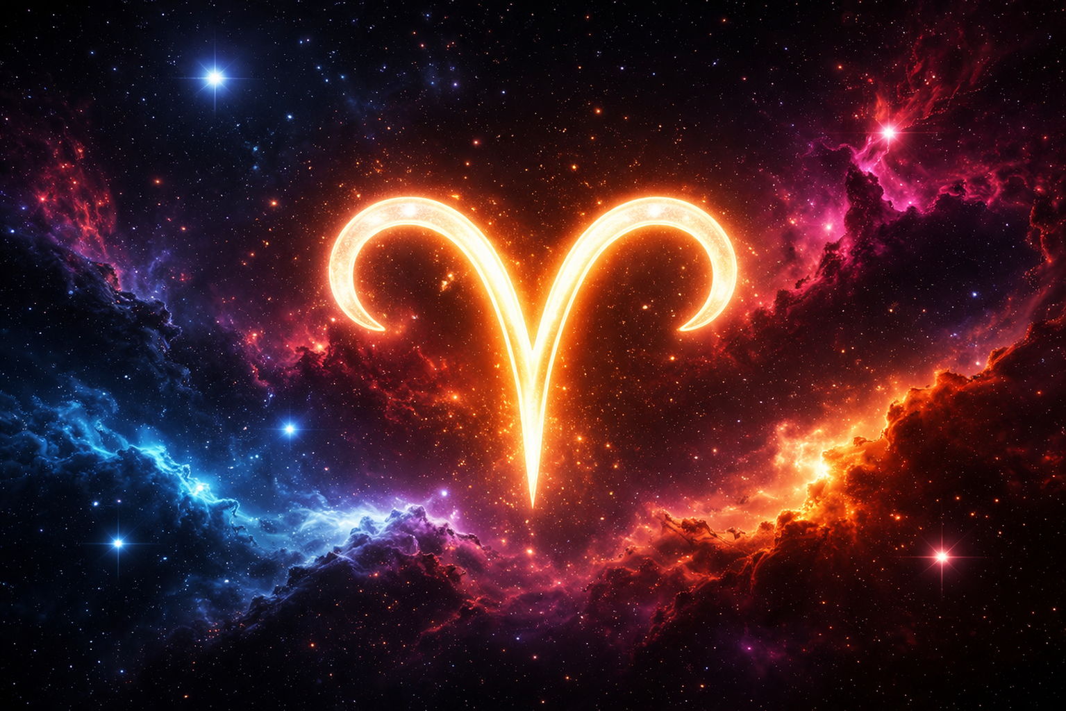 Símbolo de Áries brilhante em dourado, centralizado sobre um fundo cósmico com nebulosas coloridas em tons de roxo, azul e vermelho e várias estrelas ao redor.