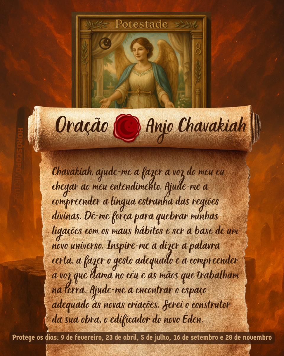 Imagem vertical, com fundo em tons de laranja e marrom. Na parte superior, há um quadro representando um anjo. Um pergaminho antigo ocupa a maior parte da imagem e apresenta o título “Oração Anjo Chavakiah” e a oração: 
