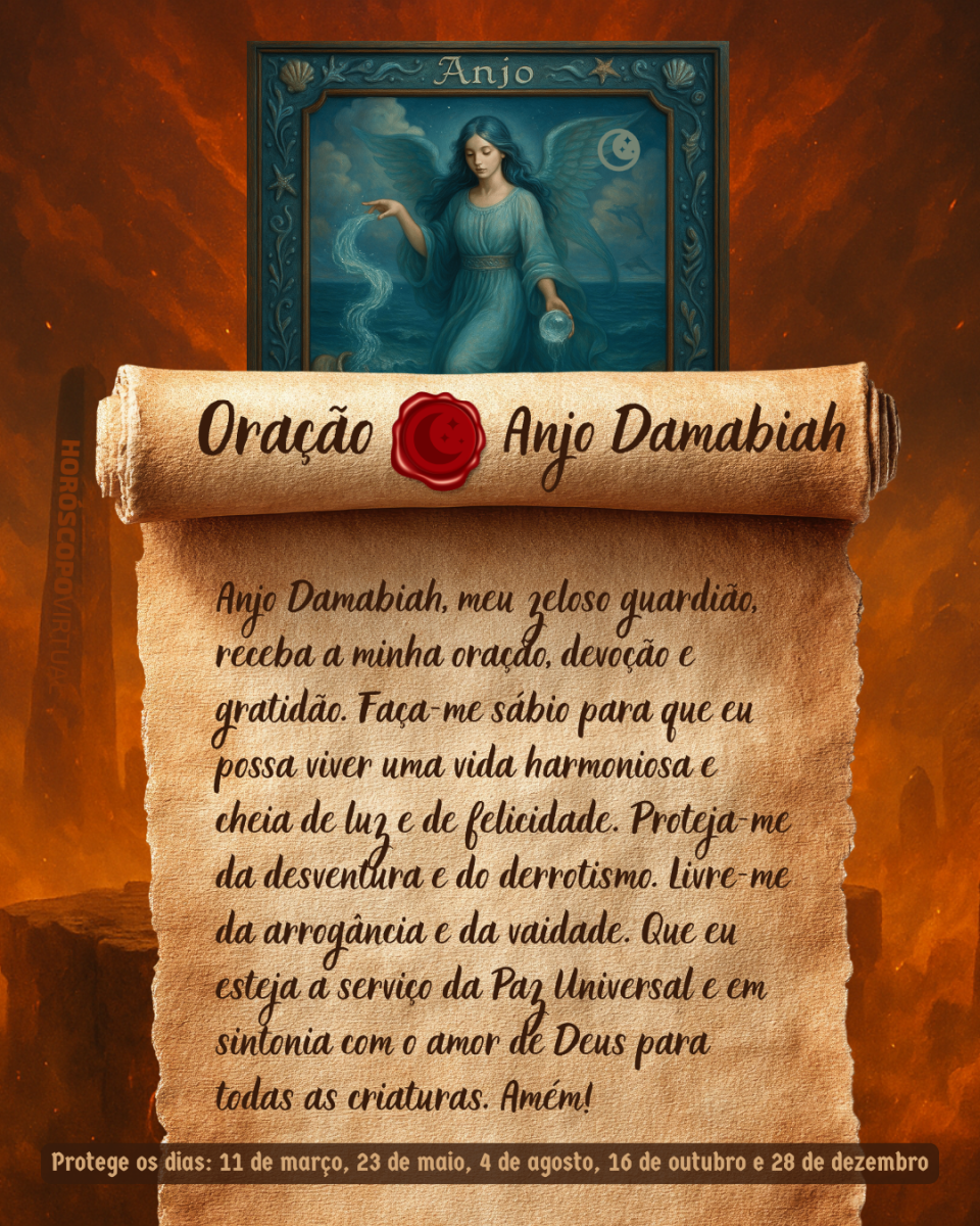 Imagem vertical, com fundo em tons de laranja e marrom. Na parte superior, há um quadro representando um anjo. Um pergaminho antigo ocupa a maior parte da imagem e apresenta o título “Oração Anjo Damabiah” e a oração: 