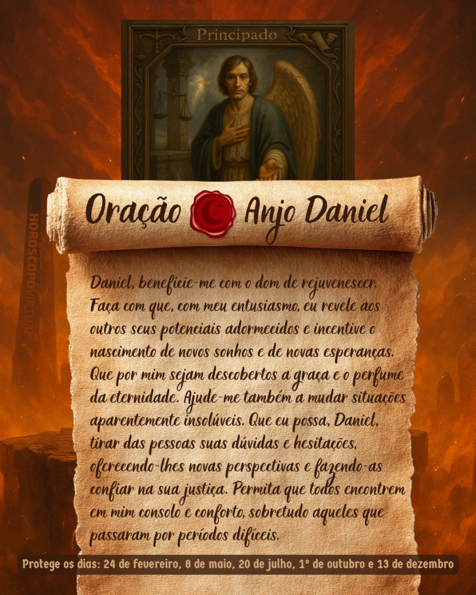 Imagem vertical, com fundo em tons de laranja e marrom. Na parte superior, há um quadro representando um anjo. Um pergaminho antigo ocupa a maior parte da imagem e apresenta o título “Oração Anjo Daniel” e a oração: 