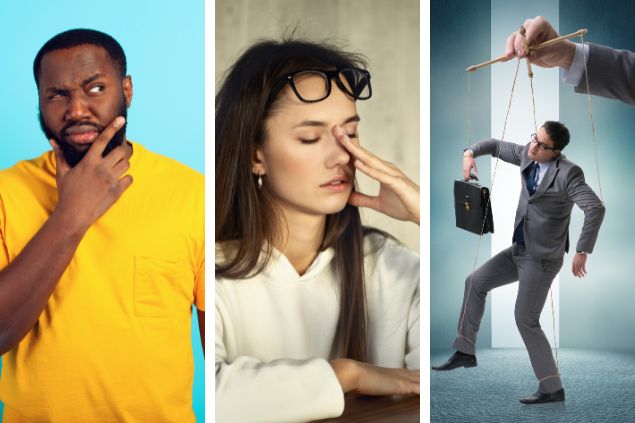 (1) um homem com feição de dúvida (2) uma mulher com feição de preocupação (3) pessoa sendo manipulada