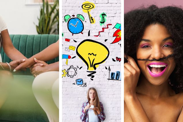 Montagem com 3 das características positivas de câncer (1) Mãos dadas - como sinal de empatia (2) mulher com várias ideias ilustradas por meio de desenhos na parede atrás dela (3) mulher sorrindo 
