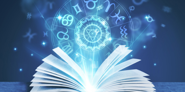 Livro aberto e ilustração do símbolo do horóscopo logo acima