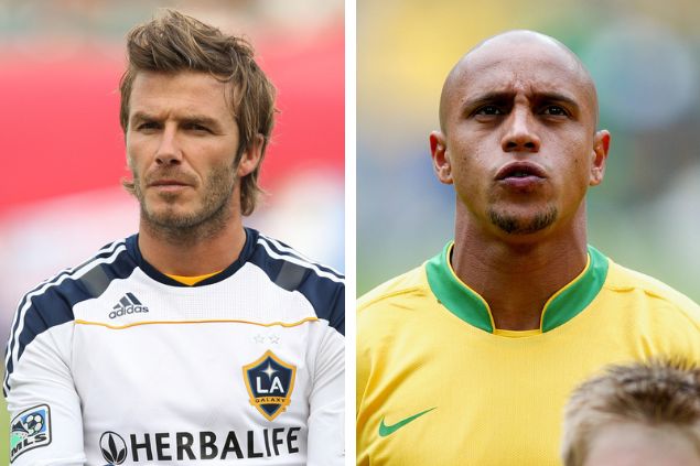 Imagem em gride de David Beckham e Roberto Carlos 