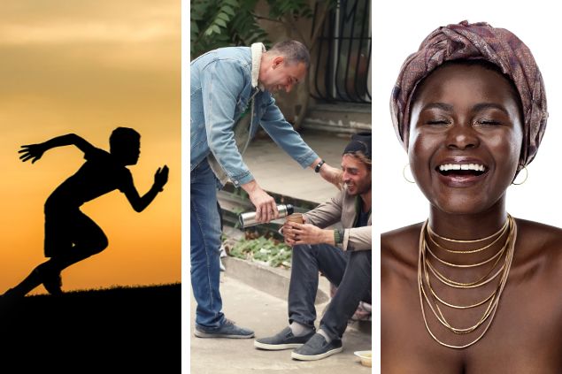 Montagem com 3 das características de capricórnio (1) homem correndo em uma montanha - determinação (2) Homem servindo água a um morador de rua sentado na calçada - generosidade (3) mulher negra sorrindo com os olhos fechados - senso de humor  