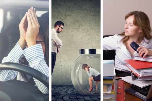 Montagem de 3 dos desafios de capricórnio (1) Mulher com as mãos no rosto na frente do volante, como se estivesse preocupada - medo de fracassar (2) homem abusando da autoridade, em ilustração uma mulher está dentro de um recipiente fechado, como se fosse a funcionária - autoritarismo (3) mulher atarefada cheia de cadernos e livros na sua mesa - fazer tudo sozinha