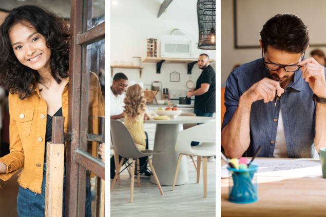 Montagem com 3 das características positivas de câncer (1) mulher abrindo a porta para alguém com sorriso no rosto (2) família de dois homens e uma menina sentados à mesa no café da manhã (3) homem concentrado em seu trabalho