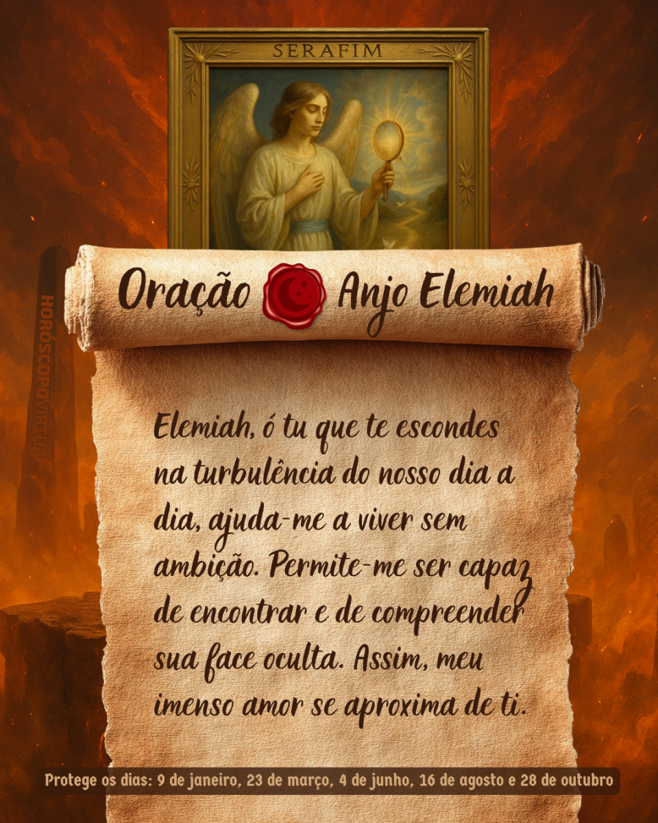Imagem vertical, com fundo em tons de laranja e marrom. Na parte superior, há um quadro representando um anjo. Um pergaminho antigo ocupa a maior parte da imagem e apresenta o título “Oração Anjo Elemiah” e a oração: 