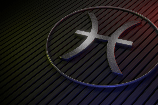 Símbolo do signo de Peixes em relevo metálico dentro de um círculo, sobre fundo escuro com linhas diagonais.