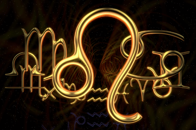 Símbolo dourado do signo de Leão em destaque, com outros símbolos astrológicos ao fundo em tons escuros.