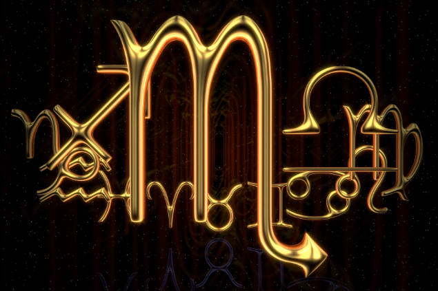 Símbolo dourado do signo de Escorpião em destaque, com outros símbolos astrológicos ao fundo em tons escuros.
