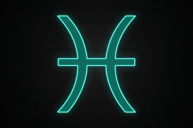 Símbolo do signo de Peixes em verde neon brilhante sobre fundo escuro.