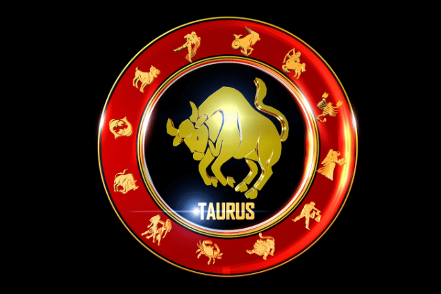 Ilustração circular com o signo de Touro no centro e os demais símbolos do zodíaco ao redor, em tons de vermelho e dourado.