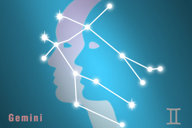 Ilustração do signo de Gêmeos e a constelação destacada em fundo azul.