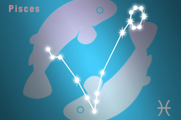 Ilustração do signo de Peixes e a constelação destacada em fundo azul.