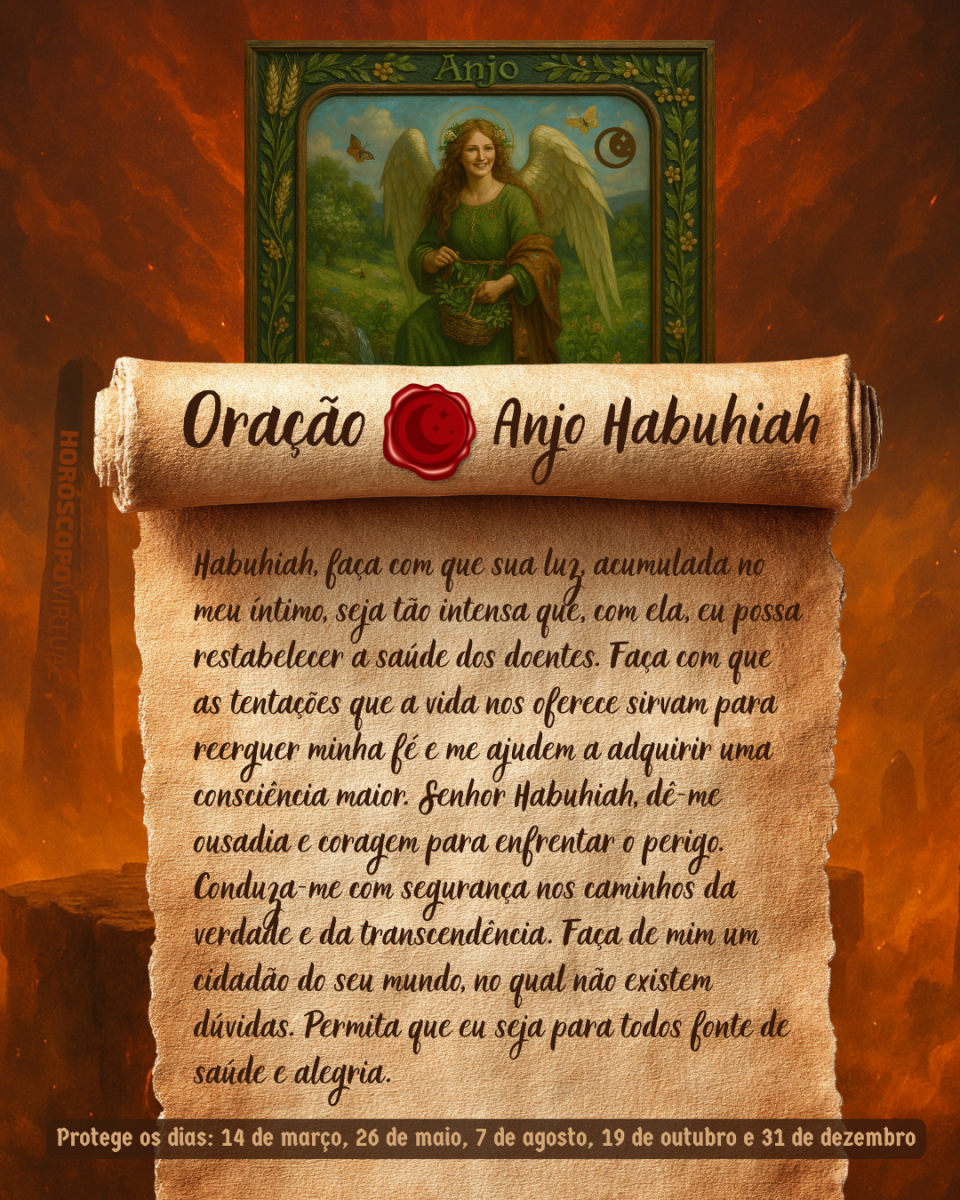Imagem vertical, com fundo em tons de laranja e marrom. Na parte superior, há um quadro representando um anjo. Um pergaminho antigo ocupa a maior parte da imagem e apresenta o título “Oração Anjo Habuhiah” e a oração: 