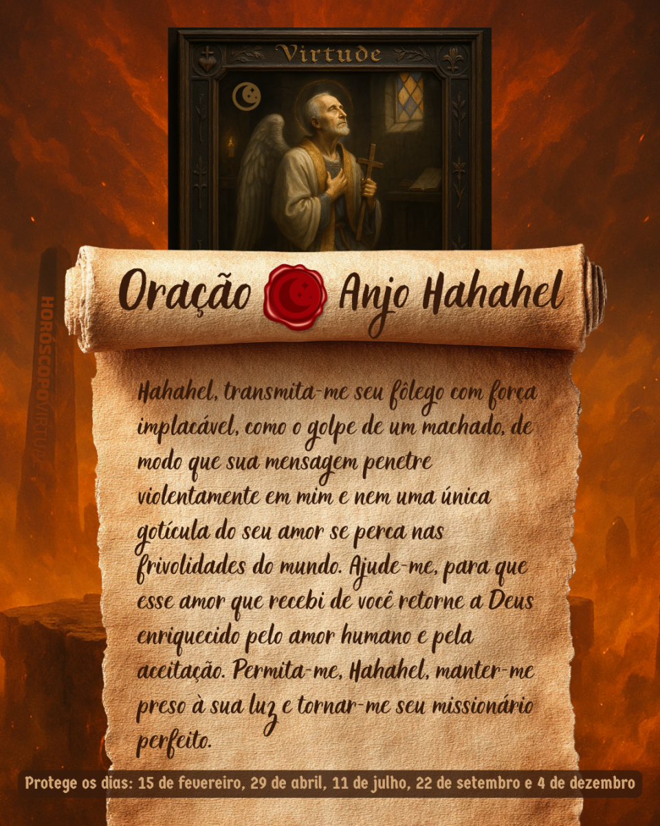 Imagem vertical, com fundo em tons de laranja e marrom. Na parte superior, há um quadro representando um anjo. Um pergaminho antigo ocupa a maior parte da imagem e apresenta o título “Oração Anjo Hahahel” e a oração: 